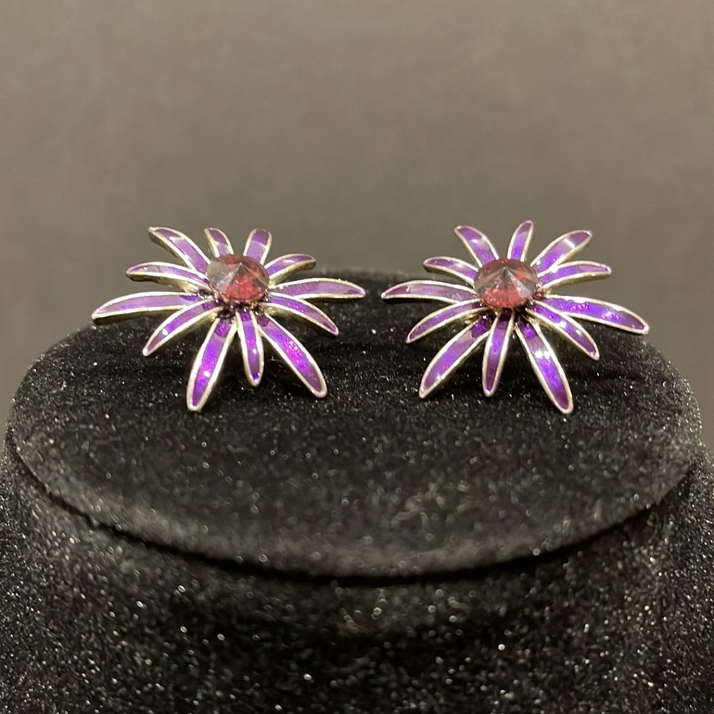Purple Floral Earrings with Ruby Center - Picture 3 of 3